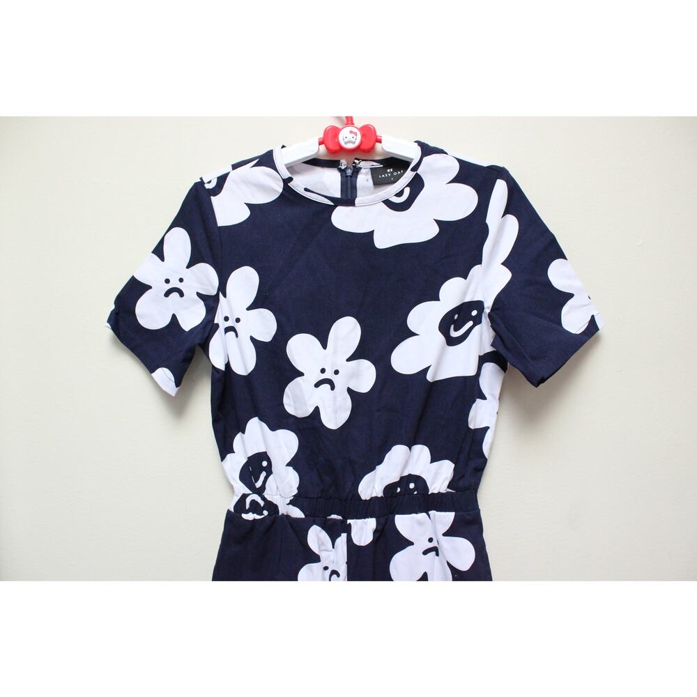 NWT Lazy Oaf Pushing Daisies Floral Smiley Sad Face Wide Leg Jumpsuit Size UK 6 - Picture 4 of 7